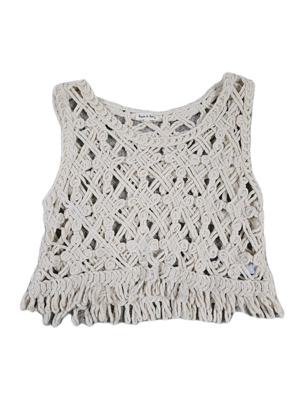 Aaron & Amber Crochet Crop Top Sleeveless Fringe Cream Cotton Boho Festival